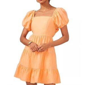 1STATE Orange Puff Sleeves Linen Blend Tiered Skirt Open Tie Back Dress Sz S